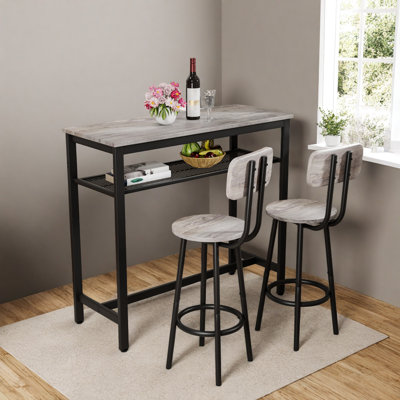3-Piece Counter-Height Bar Table Set w/ 2 Foldable Stools, Storage Rack, Wood-Look Top & Steel Frame, Small-Space Dining for Kitchen, Living Room, Apa by 17 Stories