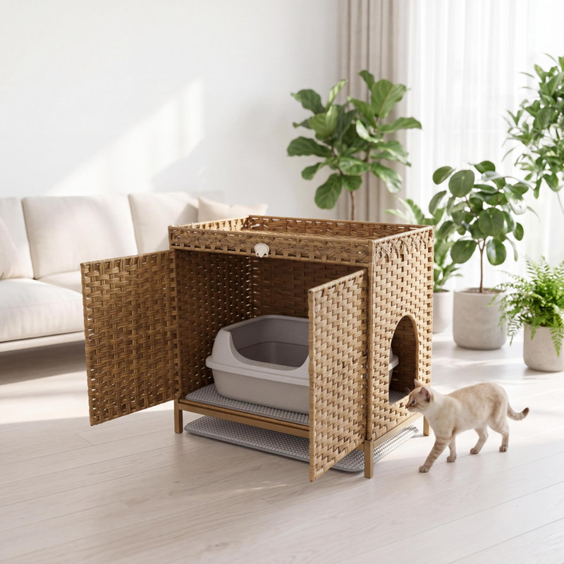Hidden Cat Litter Box Enclosure Cabinet - Handwoven PE Rattan Furniture, Double Doors, Ventilated Iron Frame, Includes Litter Mat, 77 x 46.5 x 71 cm - Original Color