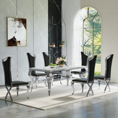 Ensemble de salle à manger 7 pièces moderne avec table en faux marbre et chaises rembourrées - options en velours et en polyuréthane, pieds en acier inoxydable, sièges 6