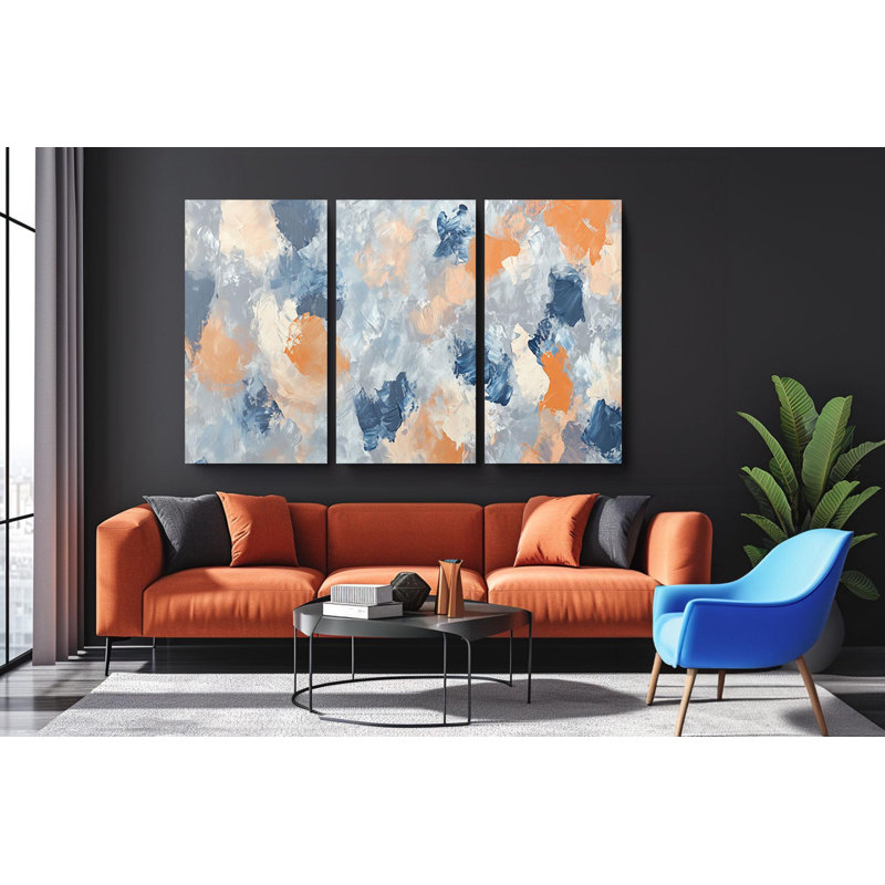 Art mural sur toile Triptych - abstrait bleu orange sur toile Triptyque, grand décor texturé impressionniste moderne prêt à être accroché ou enroulé