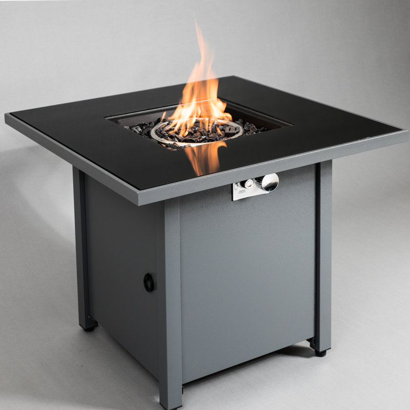 30" W X 25" H Steel Outdoor Fireplace, Gray Modern Style, Gas, Push Button Ignition, Heat Smoked Glass Top, Propane/natural Year-round Use Exterior Fire Desk, Modern, Gas Tank, All Season