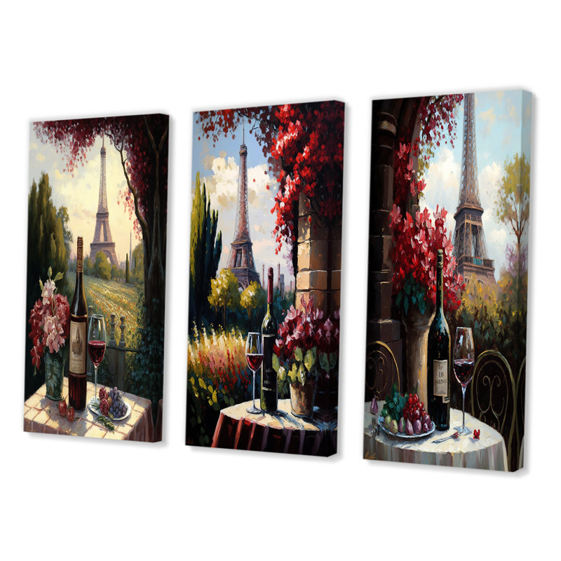 «Savouring Red Wine By The Paris Eiffel Tower», 3 pièces, Toile tendue, H 40 po x l 60 po