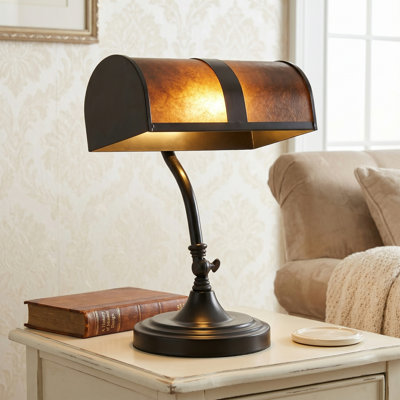 Laux 14" Banker's Lamp - Mission-Style LED Table or Desk Light with Amber Mica Shade and Bulb - Classic Vintage-Look Accent Decor (Black)
