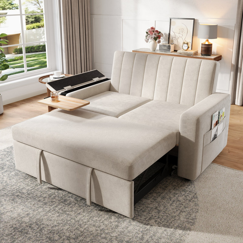 2 Seater Pull Out Sofa Bed with 3-Position Adjustable Backrest, Convertible Fabric Sofa Bed with USB & Type-C Charging, Hidden Side Table and Cup Holder