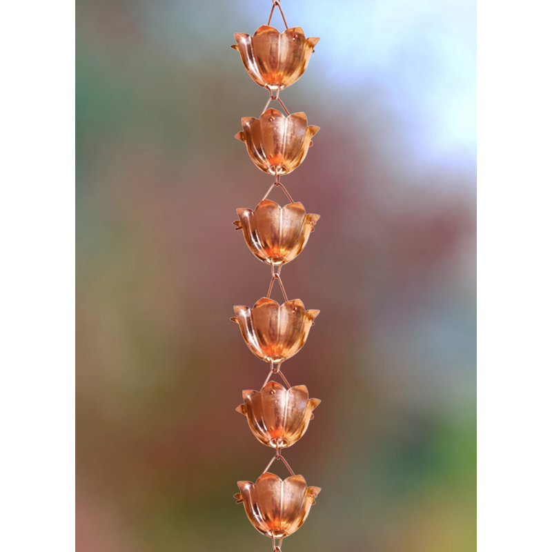 Pure Copper Lotus Flower Rain Chain with Large Cups, 8.5 Feet