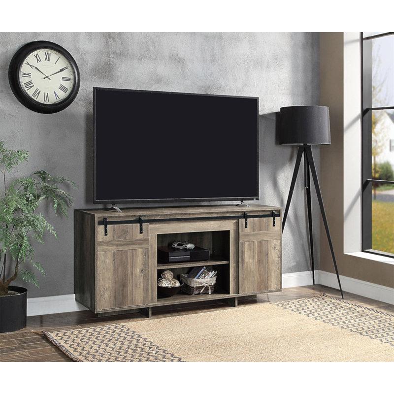 Meuble télé Bellarosa au fini gris délavé avec porte de grange pour les salons rustiques et modernes