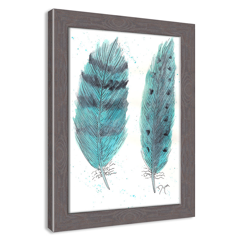 «Feathers in Turquoise II», art encadré, H 16 po x l 12 po x P 0,6 po, Encadrement fil du bois gris