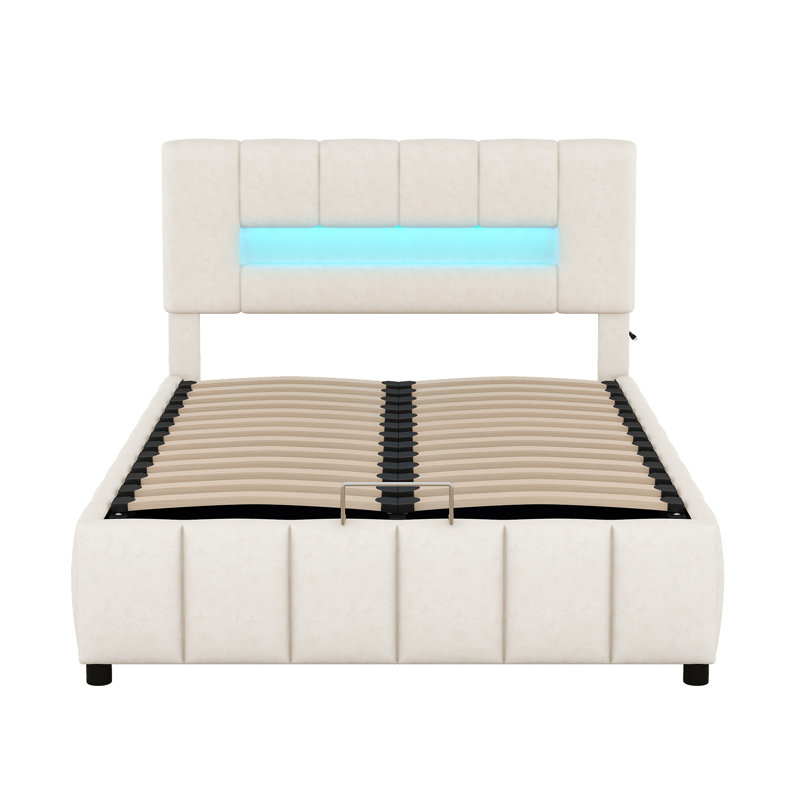 Chamarra Upholstered Velvet Lift Up Storage Ottoman Bed, European Double (140 x 200 cm), Beige