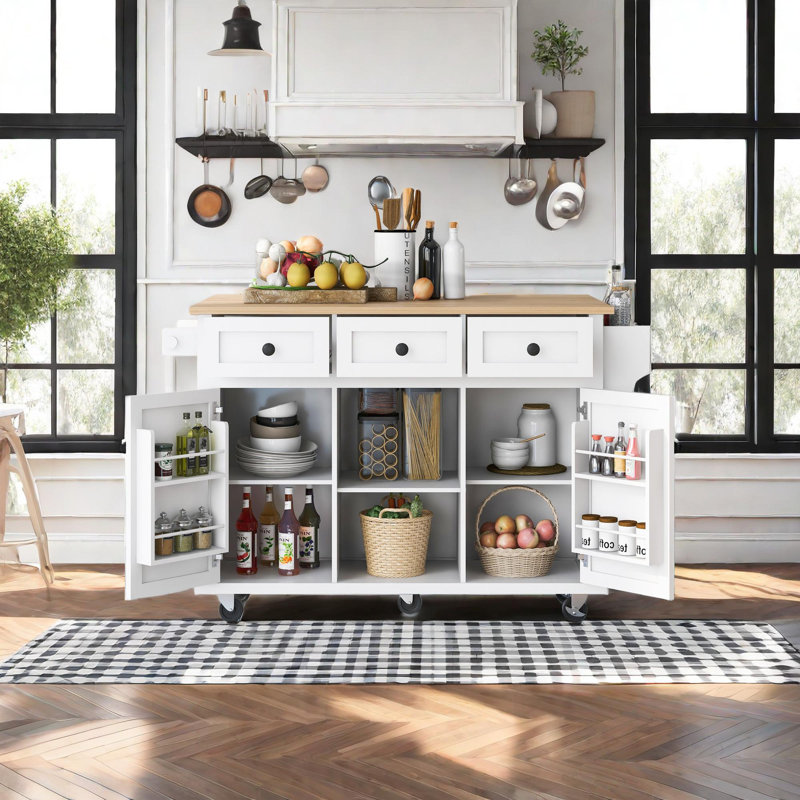 Chariot de cuisine roulant avec plateau en bois massif Bobbe, Blanc