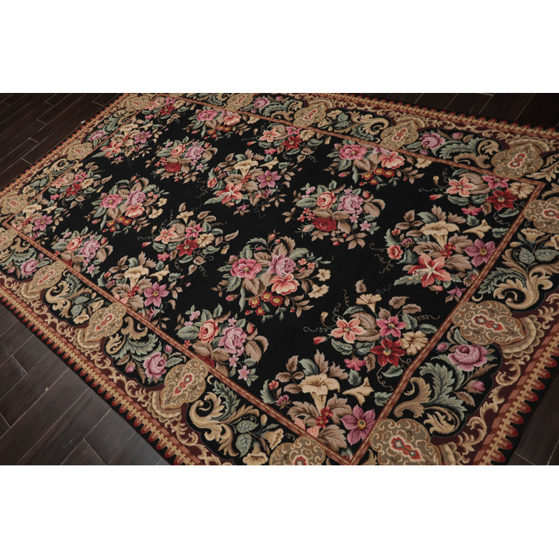Tapis traditionnel noir en laine tissé à la main 6 x 9 Aubusson