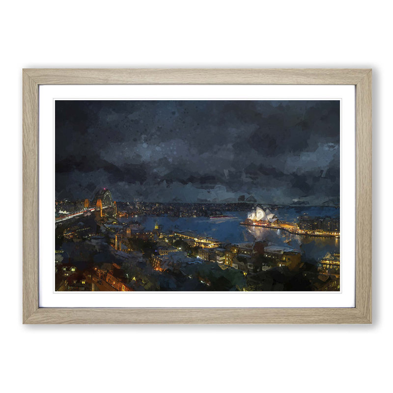 Sydney Skyline at Night in Abstract - Picture Frame Graphic Art Print, 27cm H x 36cm W x 2cm D, Oak Framed