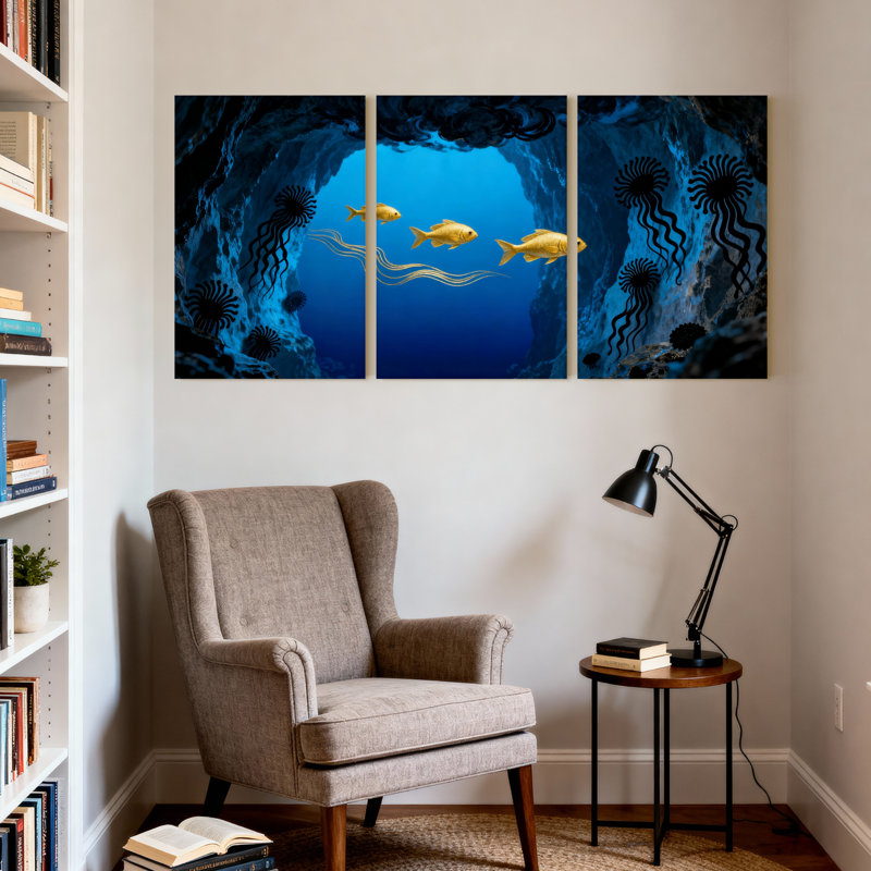 Grotte sous-marine avec poissons dorés et plantes marines, ensemble de 3 impressions sur toile, H 18 po x l 36 po