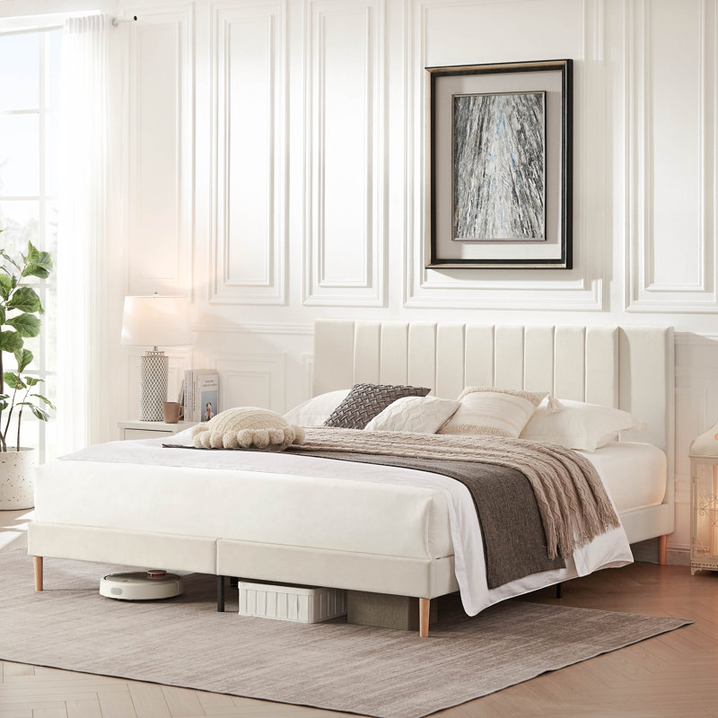 Cream Velvet King Platform Bed with Tufted Upholstered Headboard