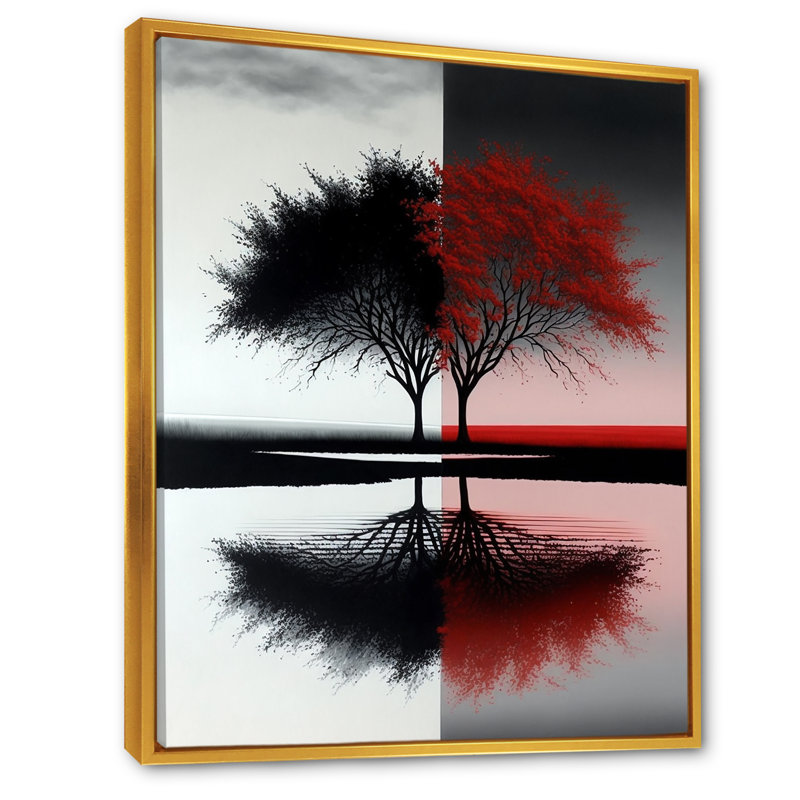 Arbres abstraits rouges et noirs au bord du lac - forêt, art mural, H 20 po x l 12 po x P 1 po, Cadre flottant doré