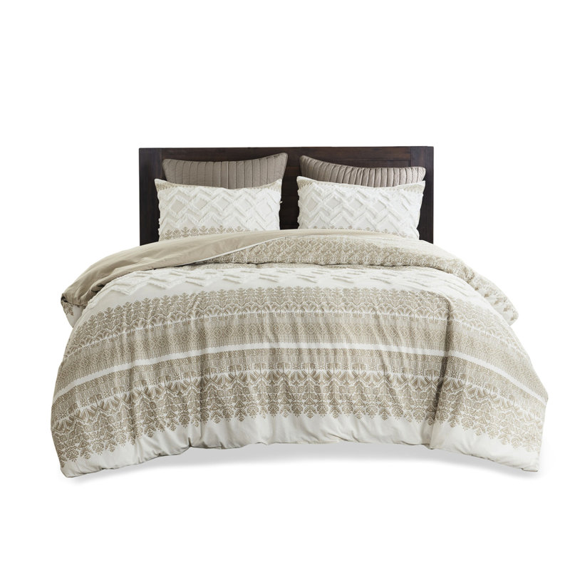 Ensemble de housse de couette pour lit très grand / très grand 3 pièces - coton chenille, imprimé mis à jour, taupe uni, coton lavable à la machine avec revers taupe, fermeture à boutons, attaches de coin intérieures,