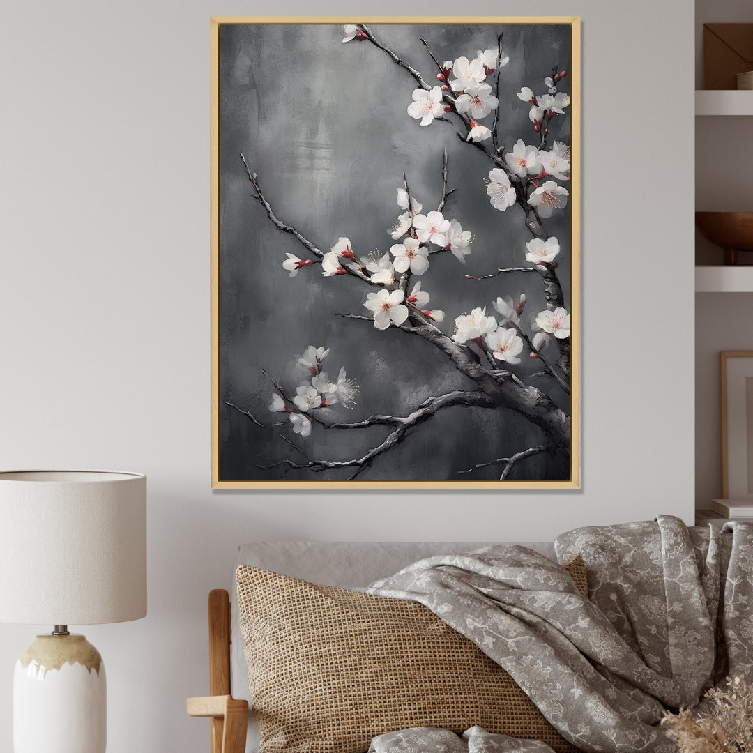 Cherry Blossoms White On 20 Shades Of Grey - Cherry Framed Canvas Print Wall Art Design Art