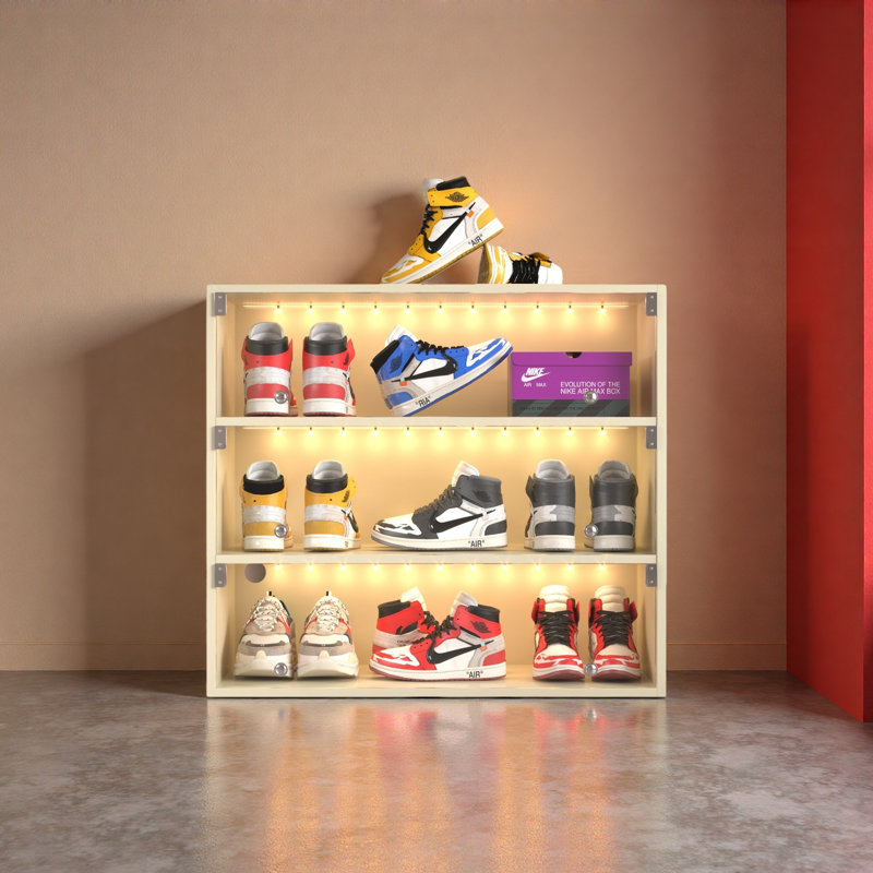 Boîte à chaussures à DEL avec trois couches et portes en verre, Blanc cassé