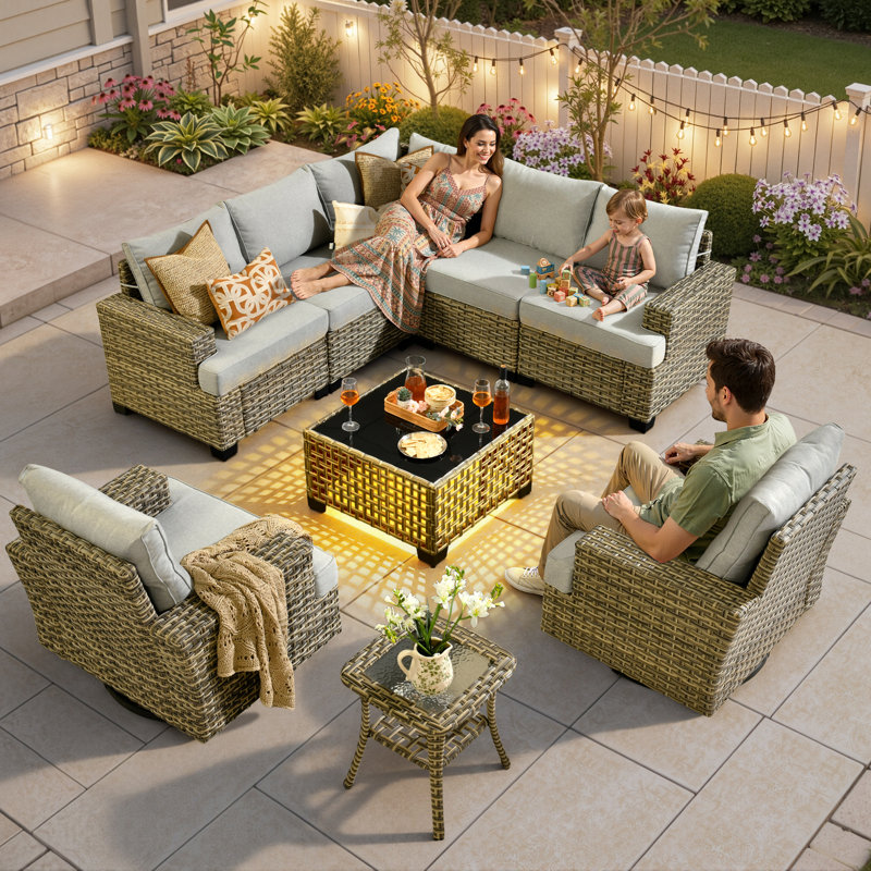 Ensemble de conversation d'extérieur en rotin pour 7 personnes avec chaises berçantes pivotantes, Gris clair