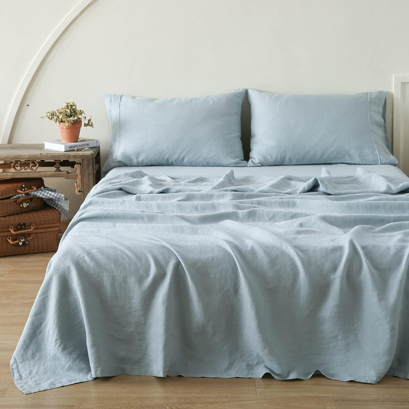 Ensemble de draps 100% lin pur, Ensemble de draps pour lit double avec trois taies, Bleu cendré