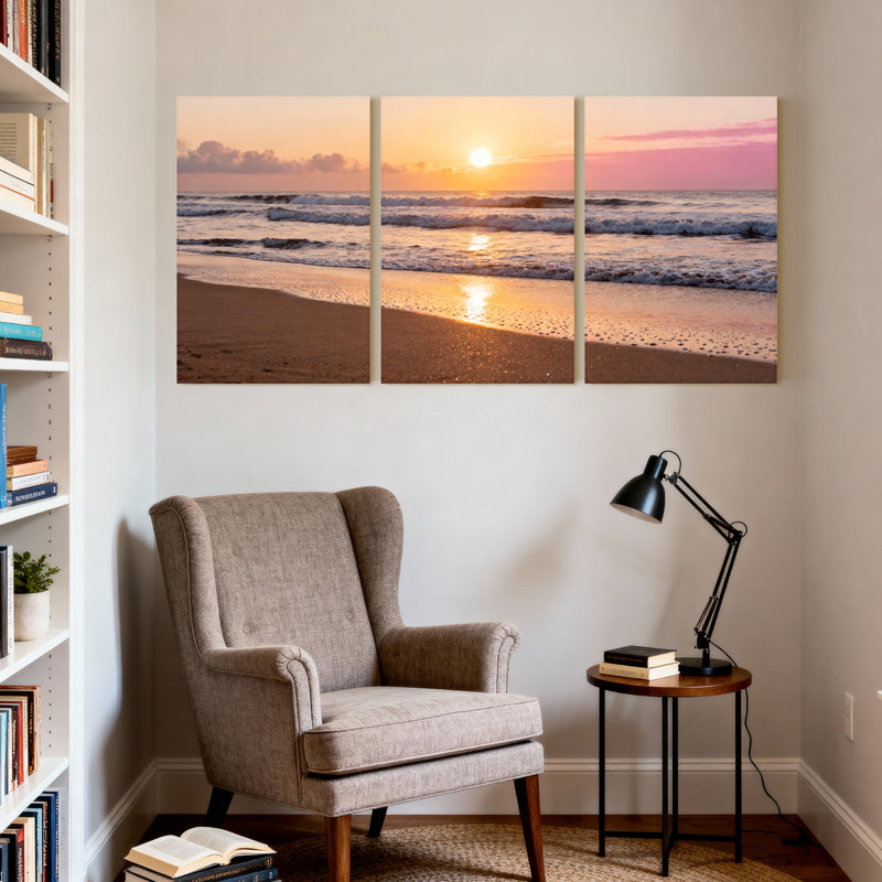 Scénario et paysages urbains coucher de soleil océan vagues plage sable ciel réflexion horizon clair ensemble de 3 impressions d'art sur toile