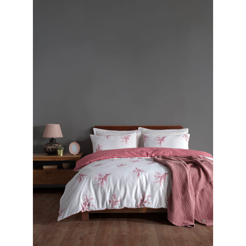 Ensemble de housse de couette 100% coton Ranforce, blanc et rose, housse de couette 53,1 po x 78,7 po et taie d'oreiller 31,5 po x 31,5 po | 145 fils, impression de pigments, lavable à la machine, enveloppe élégante et fermeture à boutons