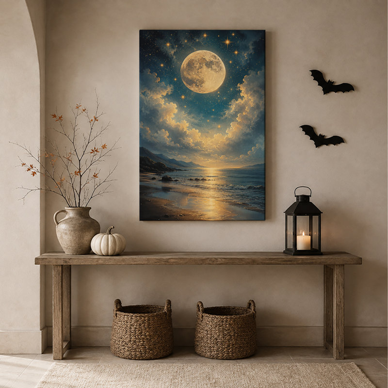 Art mural sur toile Glow Full Moon Over Golden Clouds and Ocean, H 40 po x l 28 po