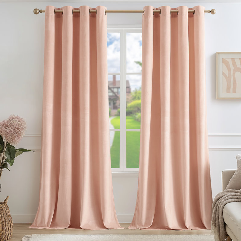 Deavion Velvet Solid Color Metal Grommets Room Darkening Curtain Panels, 52" W x 108" L, Blush