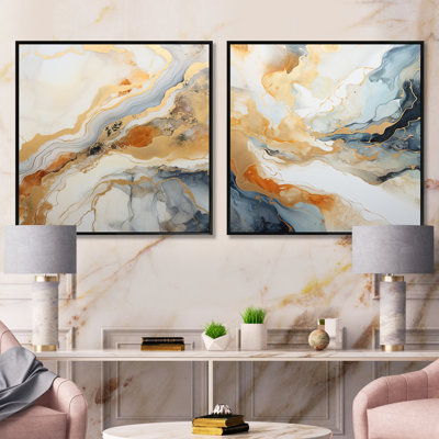 Peinture abstraite beige et geyser doré - ensemble de 2 collages abstraits carrés