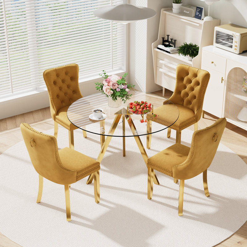 5-Piece Pedestal Gold Dining Set, Gold, 30" H x 39" W x 39" D