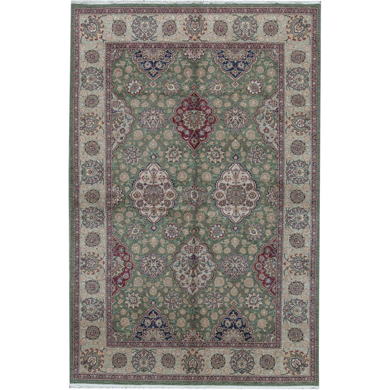Tapis oriental en laine noué à la main Manchuria vert / bleu marine / rouge / beige