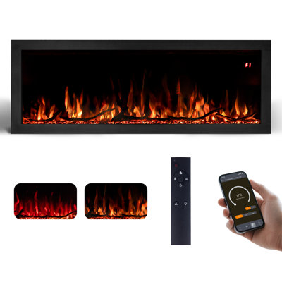 Upgrade Your Home with 50-Inch Linear Electric Fireplace - Smart Application Control, Wall or Recessed Mount, 144 Color Choices, 9-Hour Timer, 750W/1500W Heater.