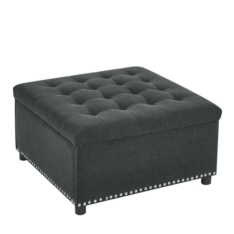 Repose-pieds avec rangement, repose-pieds capitonné, repose-pieds à garniture cloutée, repose-pieds carré avec rangement, table basse rembourrée, rangement dans la chambre à coucher, décoration de salon, repose-pieds gris foncé, petit mobilier, décoration intérieure.
