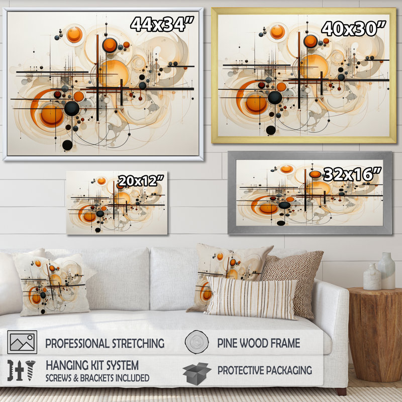 Orange Beige Line Art Conceptual Abstracts On Canvas Print, Cadre simple noir, H 16 po x l 32 po x P 1 po