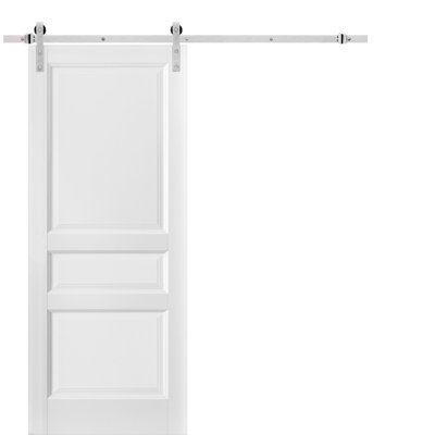 Porte coulissante de style grange avec quincaillerie de 2 m (6,6 pi), supports de rail en soie blanche Lucia 31, ensemble robuste argenté de 3 portes intérieures en bois massif de style Shaker - 91,4 cm x 203,2 cm (36 po x 80 po) - Rail argenté
