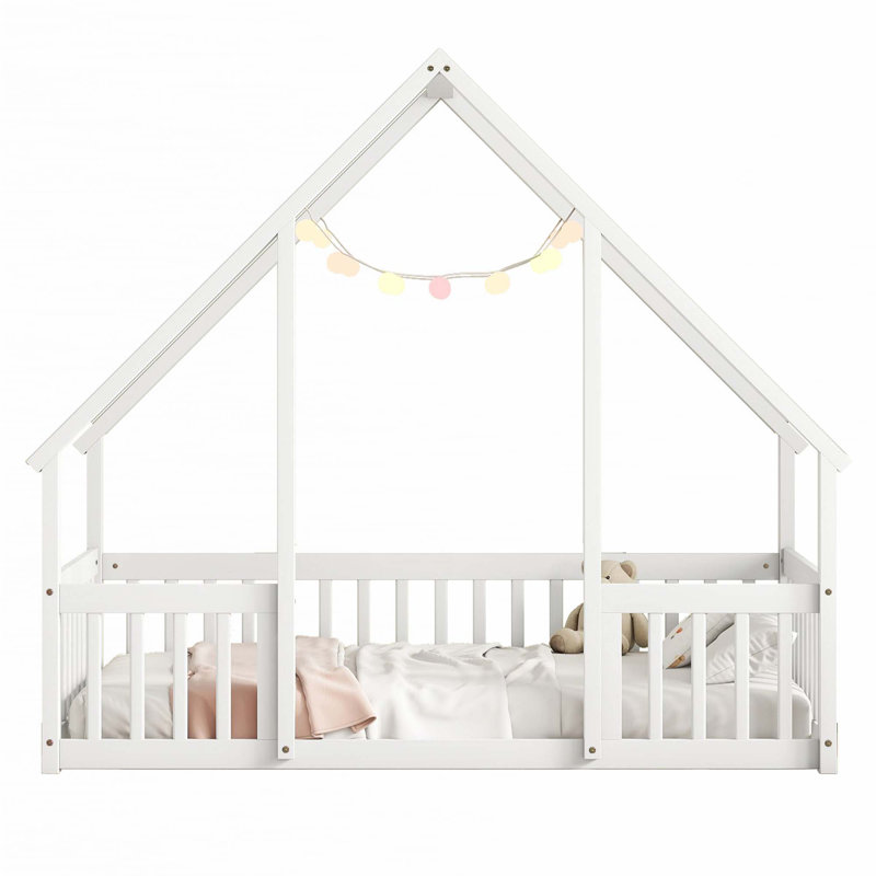 House-Shaped Floor Bed with Fence, Guardrails, Twin, White