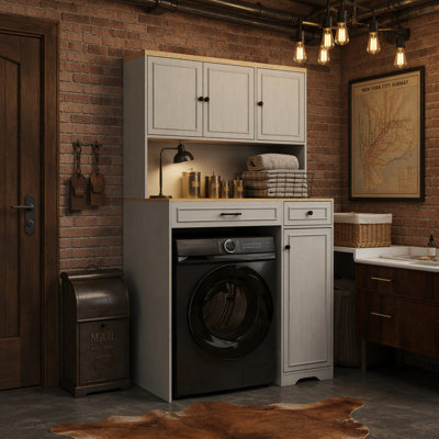 Over the Washer and Dryer Storage Cabinet suitable for Compact Washing Machines, Laundry Room Storage Organizer with 1 Laundry Basket, 4 Doors, 1 Drawer and 2 Adjustable Shelves-Antique