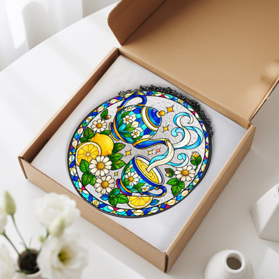 Théière bleue, thé, citrons et vitrail sur toile