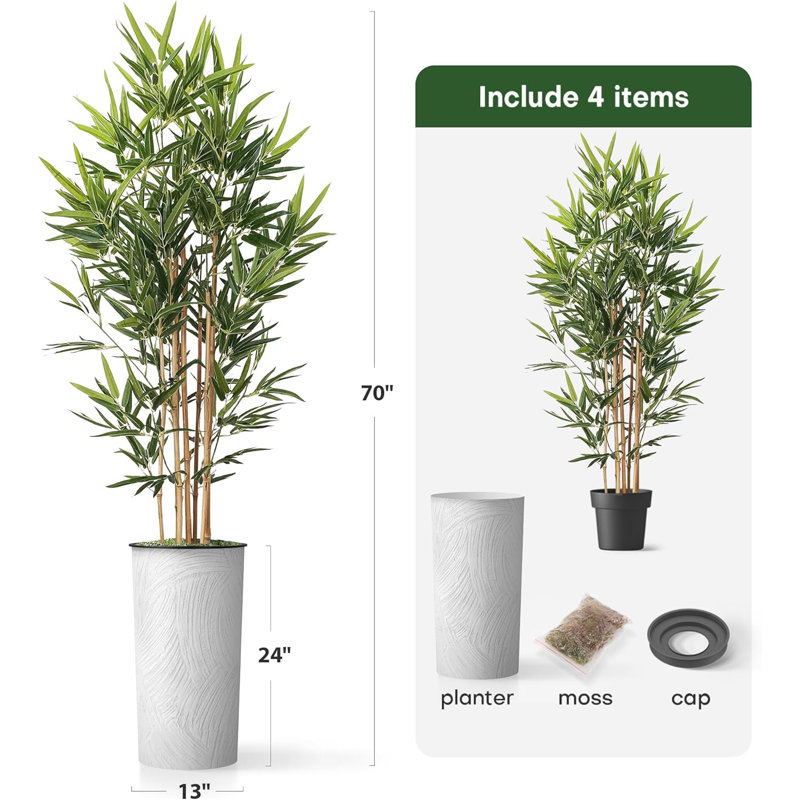 Artificial Tree in Geometric Pattern Planter Fake Bamboo Silk Tree (Plant Pot Plus Tree), Scrathes Off White