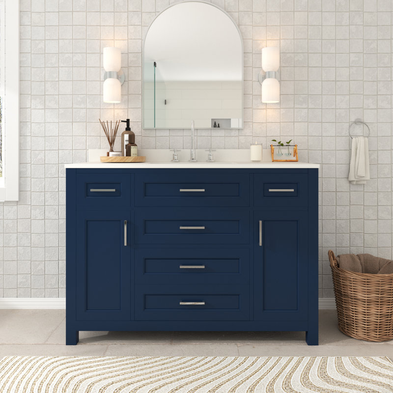 Ensemble de meuble-lavabo simple 48 po avec lavabo et dosseret en céramique 48 po, Nickel brossé, Bleu