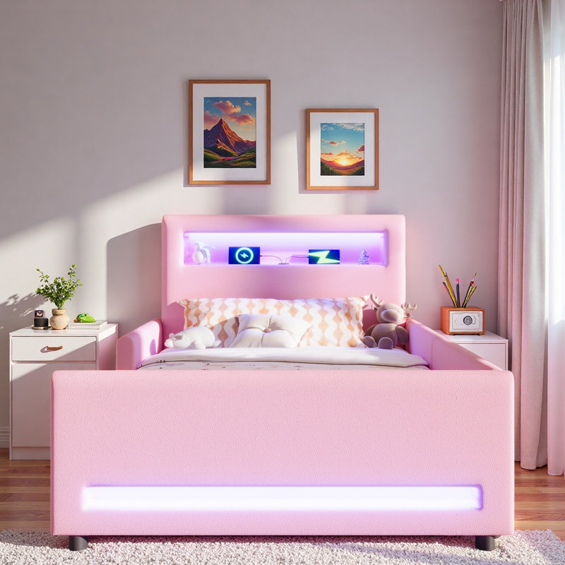 Lit plateforme tapissier avec tiroir, bande lumineuse à DEL et port USB, Lit simple, Rose