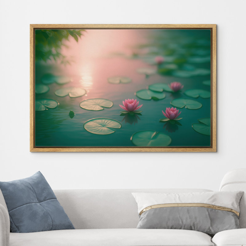Doux étang de lotus rose au coucher du soleil, reproduction d'art sur toile encadrée dans la chambre principale, Naturel