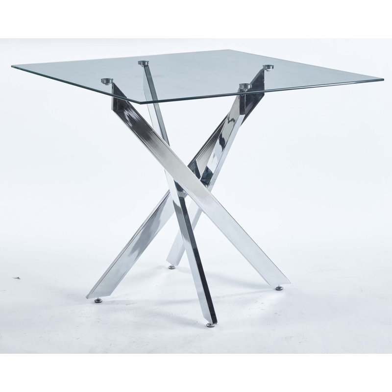 Kaison Dining Table with Tempered Glass Top & Cross Metal Legs, Silver