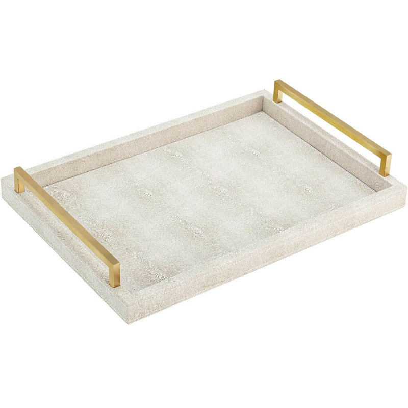 Faux Leather Serving Tray With Brushed Gold Handles, Ivory