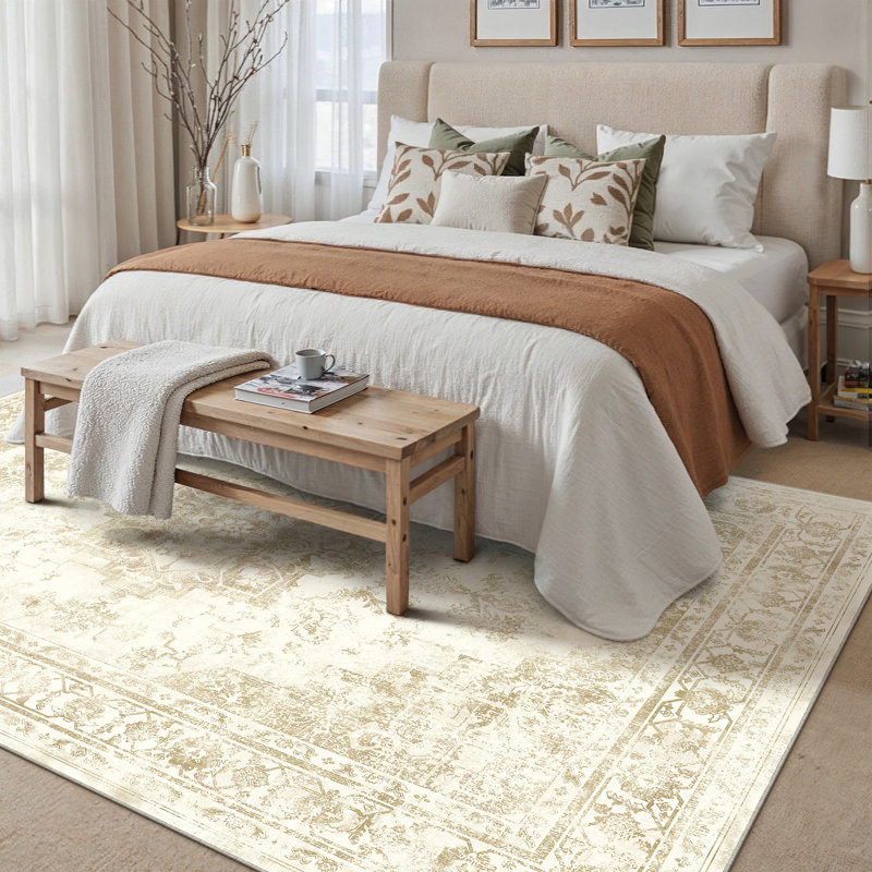 Marnia Machine Washable Oriental Beige Area Rug, Rectangle 3' x 5', Beige