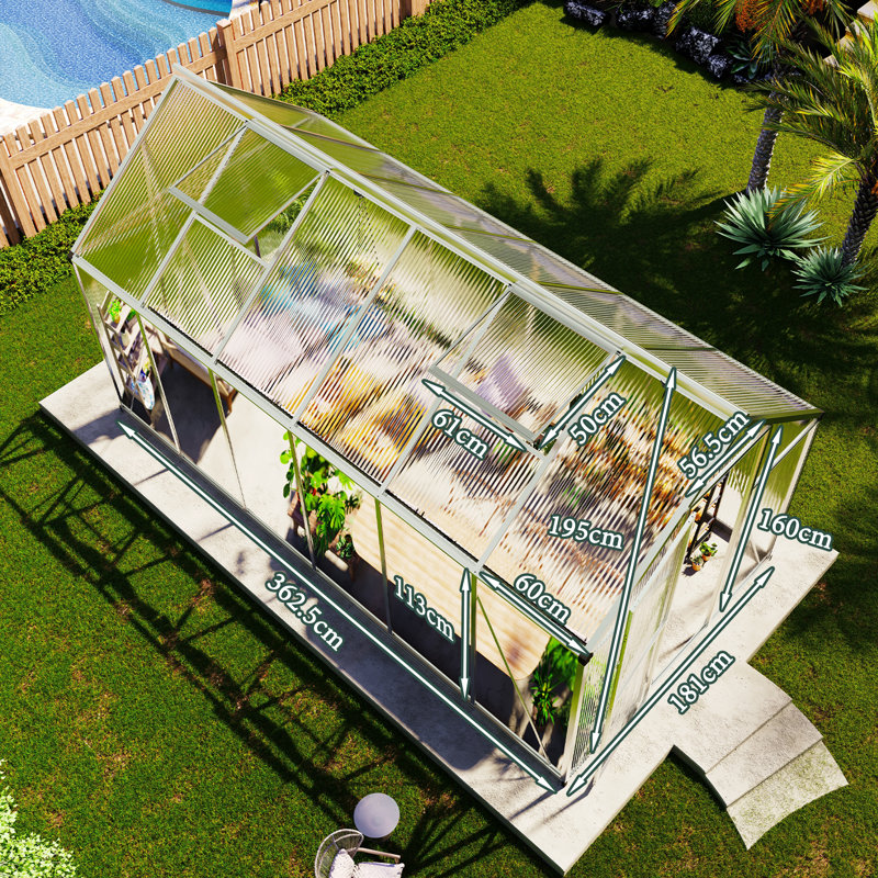 Walk-In Polycarbonate Greenhouse for Outdoors, Heavy-Duty Aluminum Frame with 2 Roof Vents and Swing Door, 181 x 363 x 195 cm