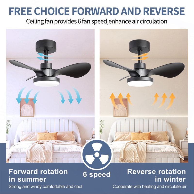 24" Small  Ceiling Fan With Light Remote Control ,Modern Low Profile Black Ceiling Fan, 6-Speeds Quiet Reversible DC Motor  For Bedroom,Kitchen
