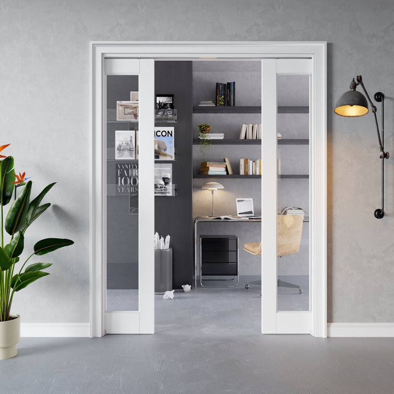 Intérieur de la porte en verre transparent 1-Lite, portes en verre trempé CARB P2 en panneau de fibres à densité moyenne et en verre trempé, avec cadre solide renforcé et trousse de quincaillerie, porte de chambre coulissante pré-finie et imperméable, teinture facile à faire soi-même pour garde-manger, chambre à coucher, salle de bain et garde-robe 72 po x 80 po