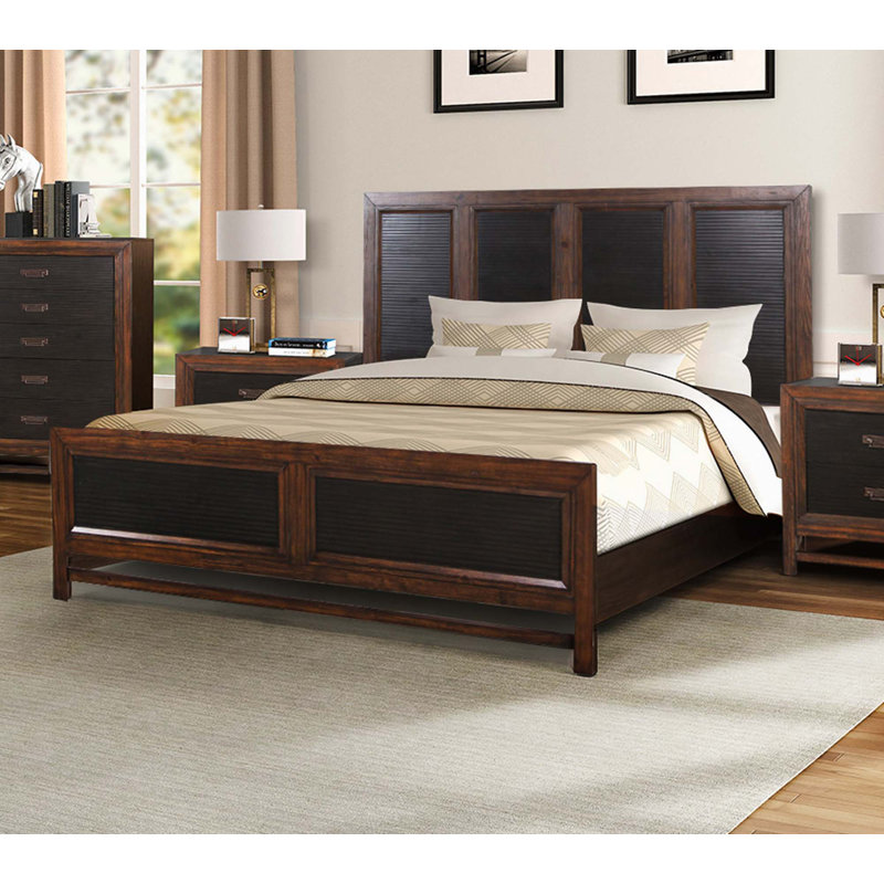 Queen Pine Wood Frame Panel Bed with Rustic Two-Tone Finish