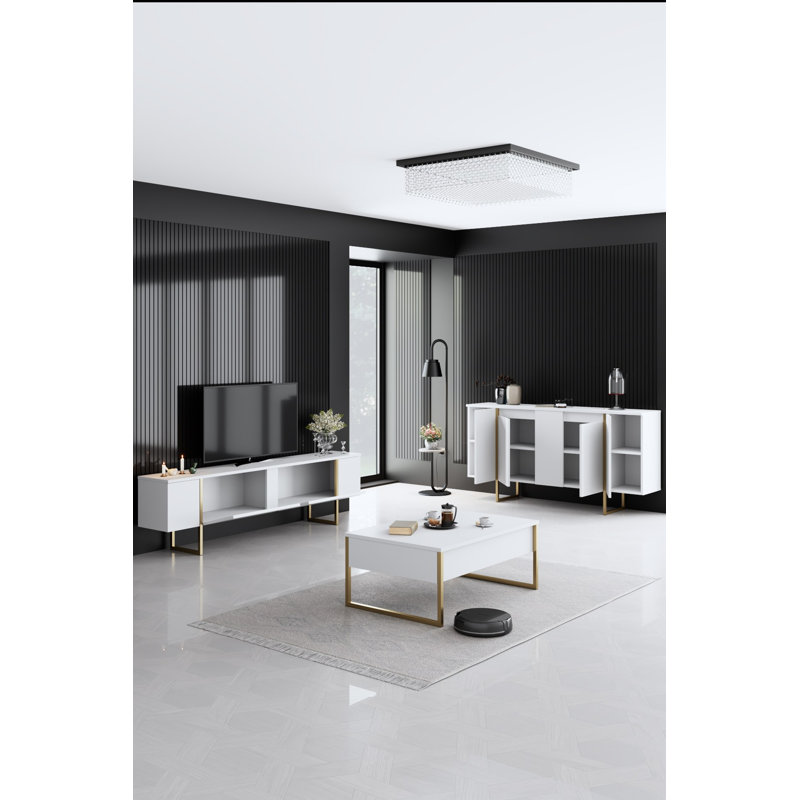 Ensemble de meubles de salon - Meuble télé avec pieds en métal, console et table basse, Blanc