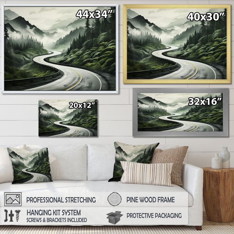 Road Endless Journey In Green Mountain II - Landscapes Wall Art Prints, H 16 po x l 32 po x P 1 po, Cadre simple noir